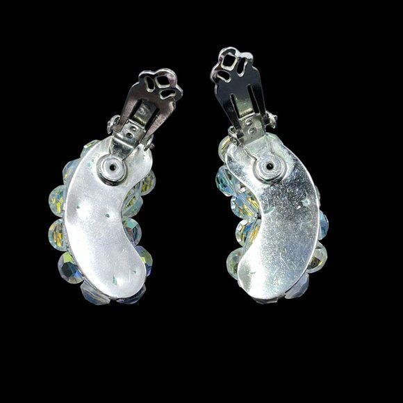 Vintage Iridescent Beaded Clip On Earrings Coquette Retro Statement Glam Sparkle - Picture 6 of 6